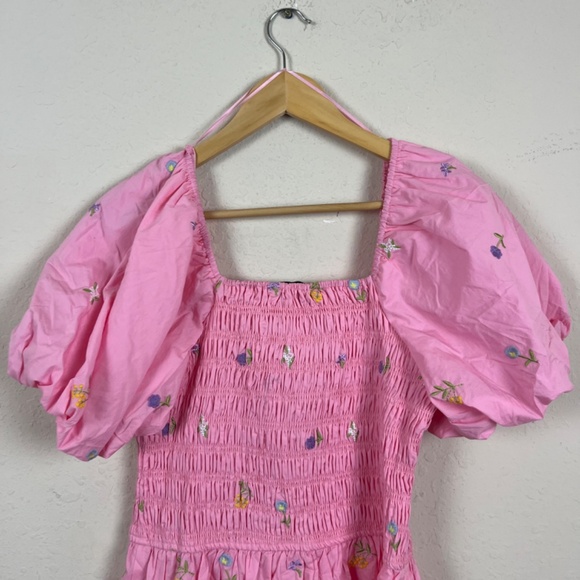 English Factory Smocked Ballon Sleeve Pink Mini Dress Size Medium - Picture 7 of 8